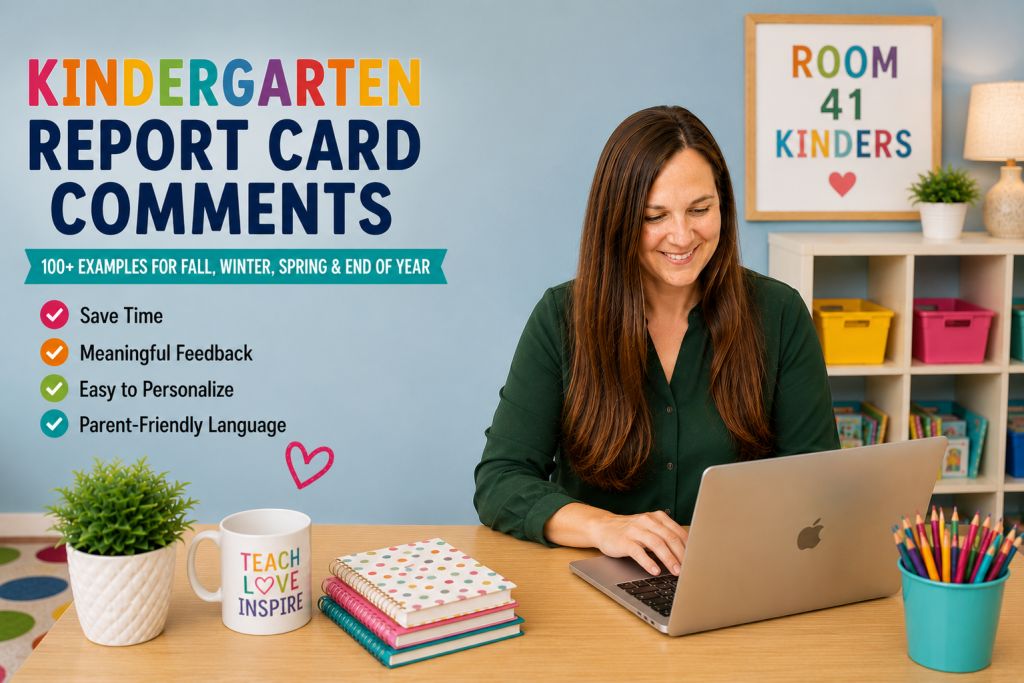 Kindergarten teacher writing report card comments on a laptop in a calm classroom office with report card comment resources and organizational tools.
