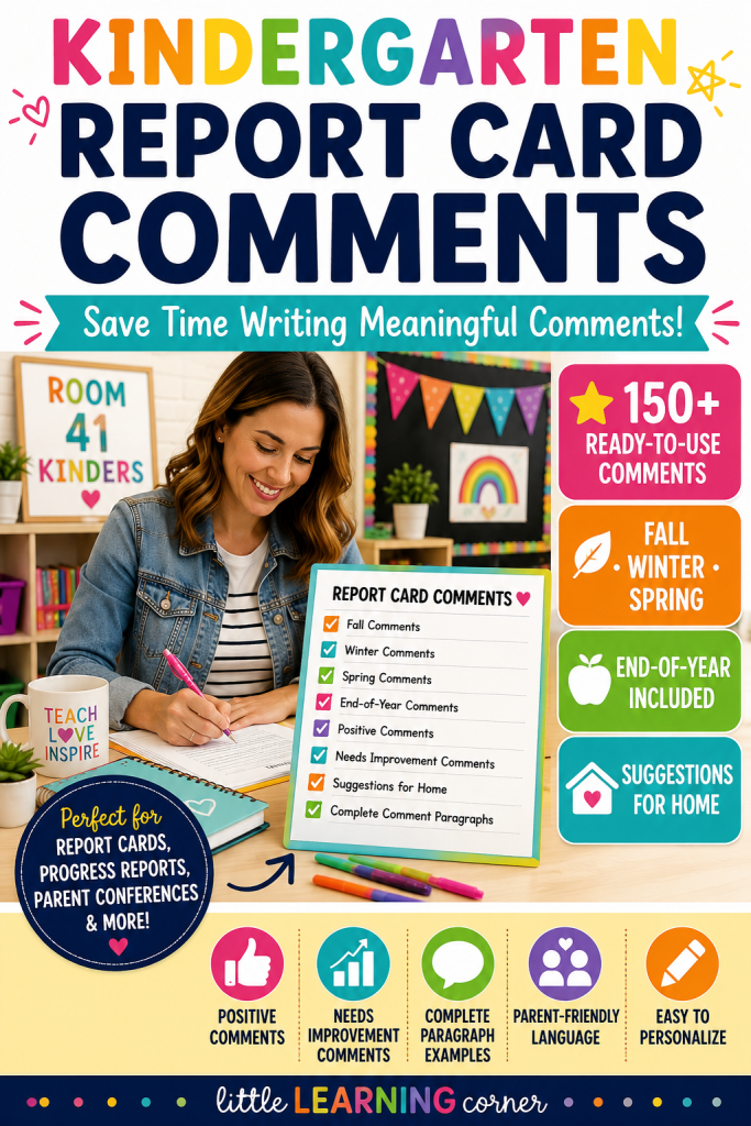Kindergarten report card comments resource with fall, winter, spring, and end-of-year comments for report cards, progress reports, and parent conferences.