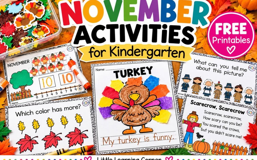 Free November Kindergarten Activities | Math, Literacy, Writing + Crafts
